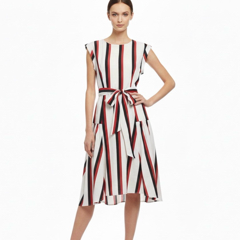 Who What Wear White Red Blue Striped Belted Linen Blend Fit & Flare Dress S